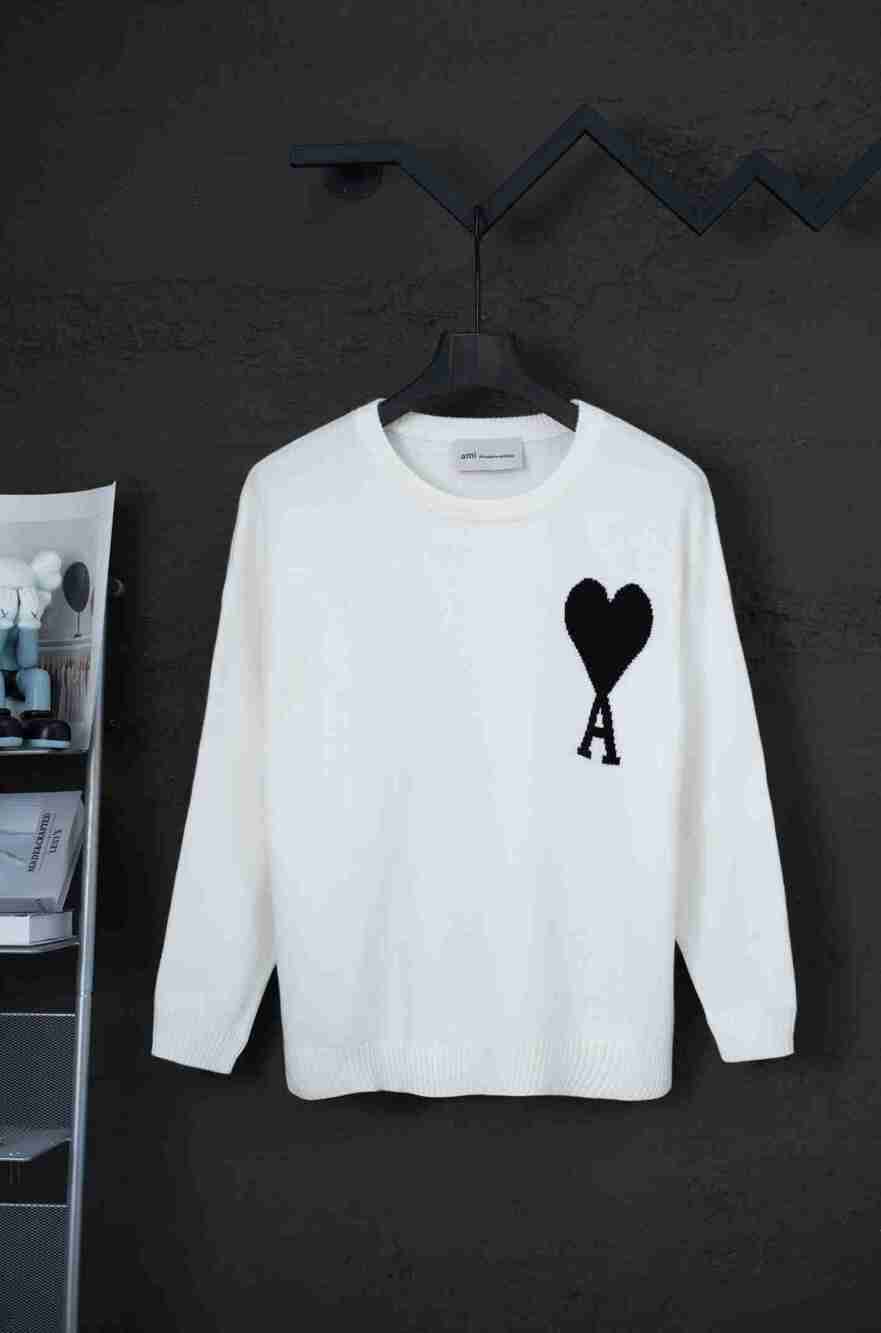 AMI Paris Off‑White Unisex Black Heart‑A Crewneck Sweater